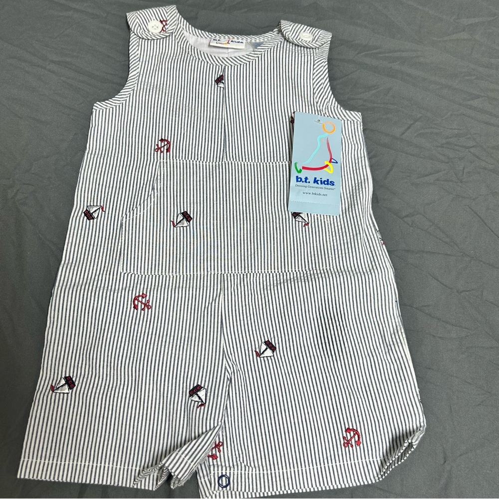 VTG BT Kids Romper Jon Jon Blue White Striped Seersucker Sail Boat Appliqué 90s